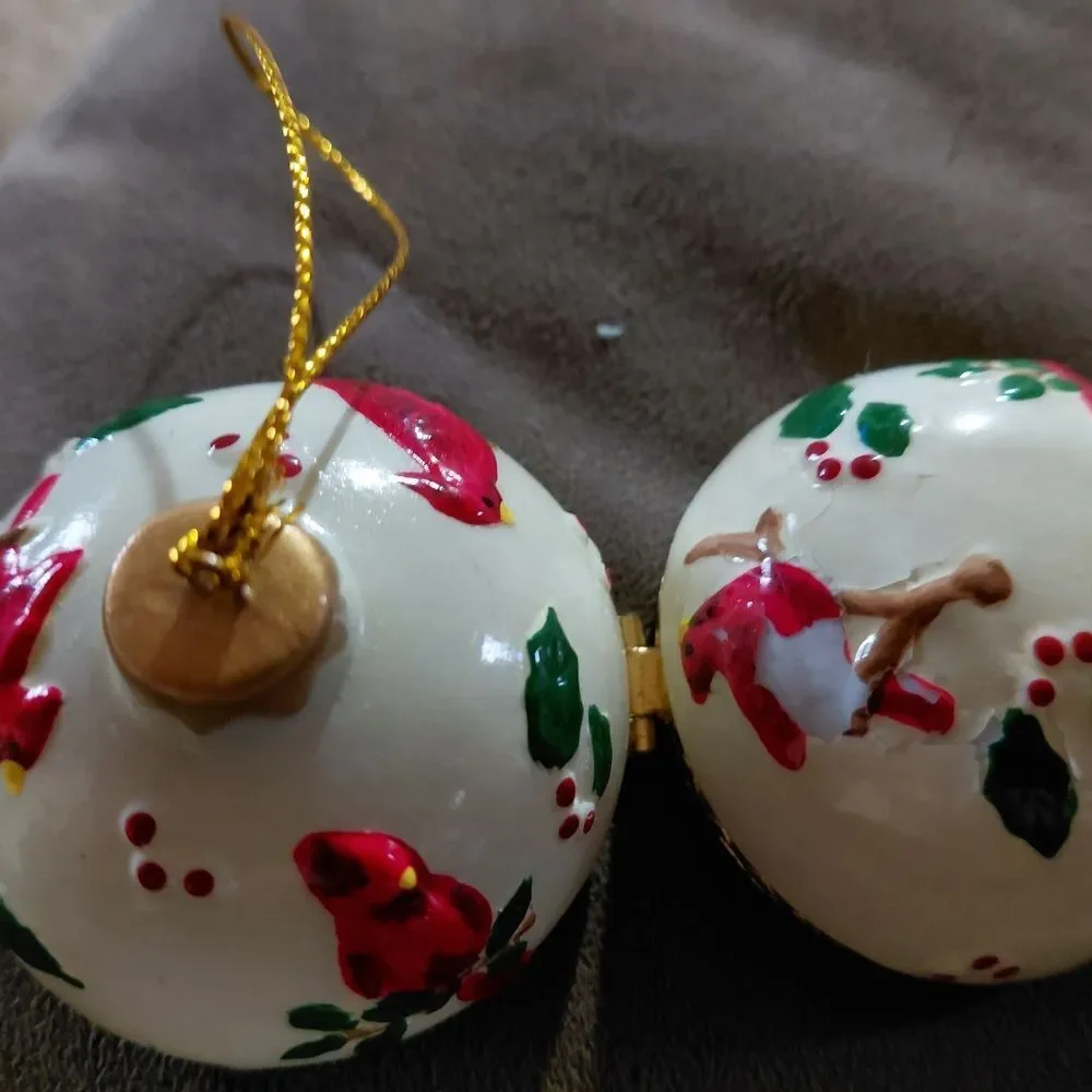 Holiday Ceramic Hinge Ornament in White with Red and Green Accents